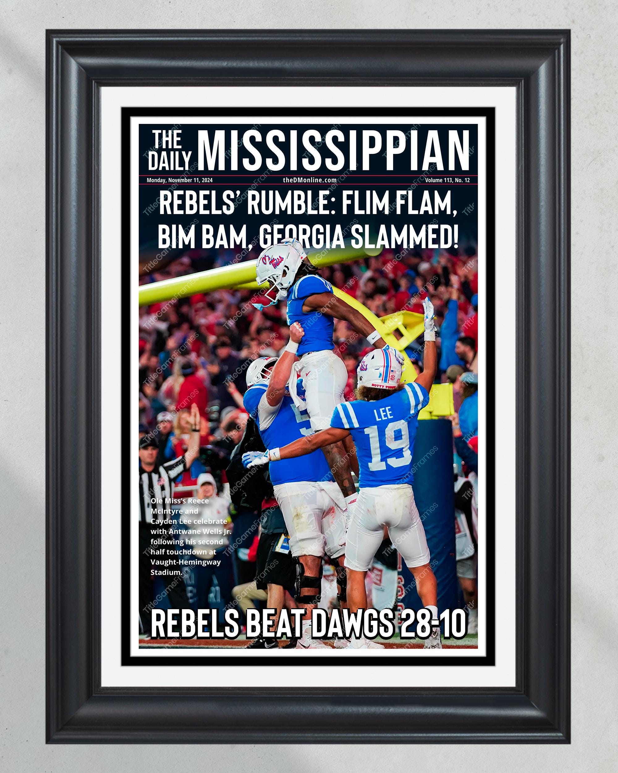 2024 Ole Miss Rebels Upset Georgia "Rebel's Rumble' Framed Front Page Newspaper Print PT60352