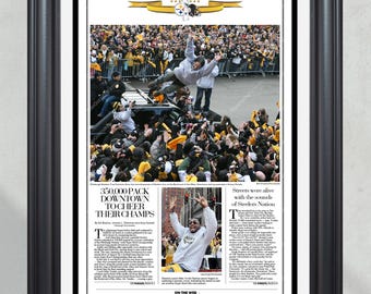 May include: A black and white newspaper front page with a photo of a man jumping into a car surrounded by a crowd of people. The headline reads "350,000 Pack Downtown to Cheer Their Champs".
