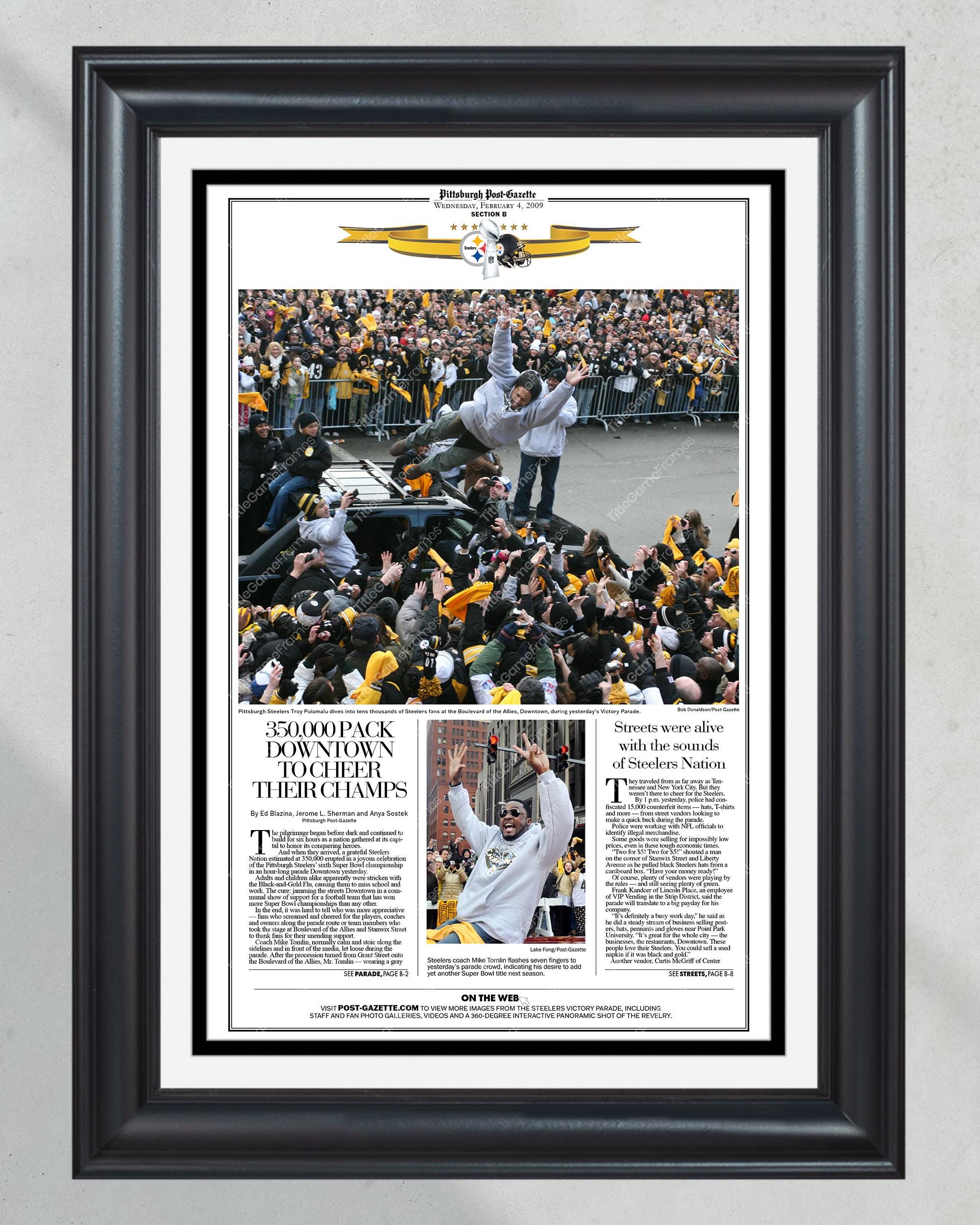 2009 Pittsburgh Steelers Parade Super Bowl Champions Framed Front Page Newspaper Print PT60964