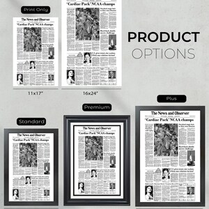 May include: A product options chart for a newspaper print of a vintage newspaper article from The News and Observer, titled "Cardiac Pack' NCAA champs". The print is available in four sizes: 11x17 inches, 16x24 inches, 13x19 inches, 17x23 inches, and 18x26 inches.