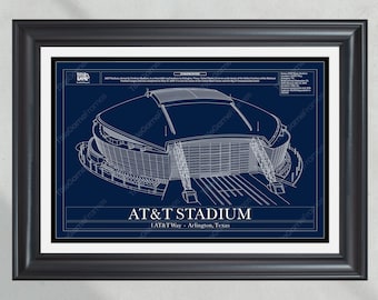 Può includere: Un'illustrazione in stile planimetrico dell'AT&T Stadium ad Arlington, Texas. Lo stadio è una struttura a cupola con un grande campo all'interno. L'illustrazione è in tonalità di blu e bianco.