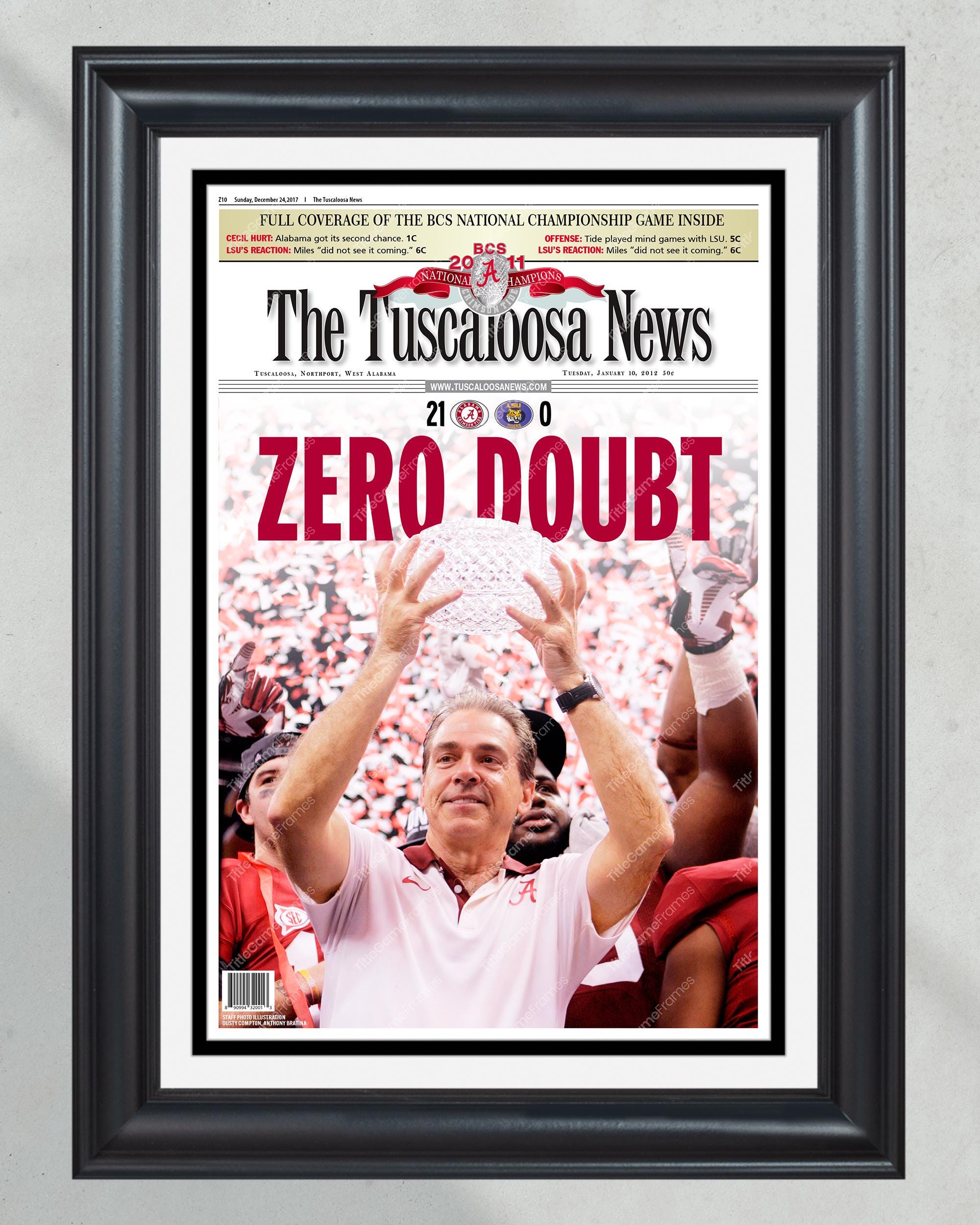 2011 Alabama Crimson Tide 'ZERO DOUBT' National Football Champions Framed Newspaper PT60347