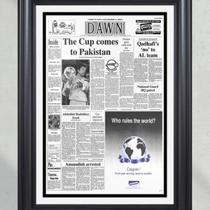 1992 Pakistan World Cup Cricket Meister eingerahmt Titelseite Zeitungsdruck