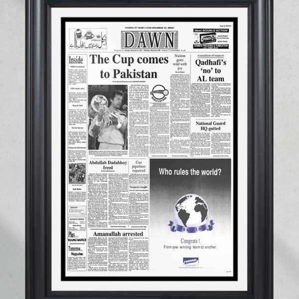 1992 Pakistan World Cup Cricket Champions Framed Front Page Newspaper Print