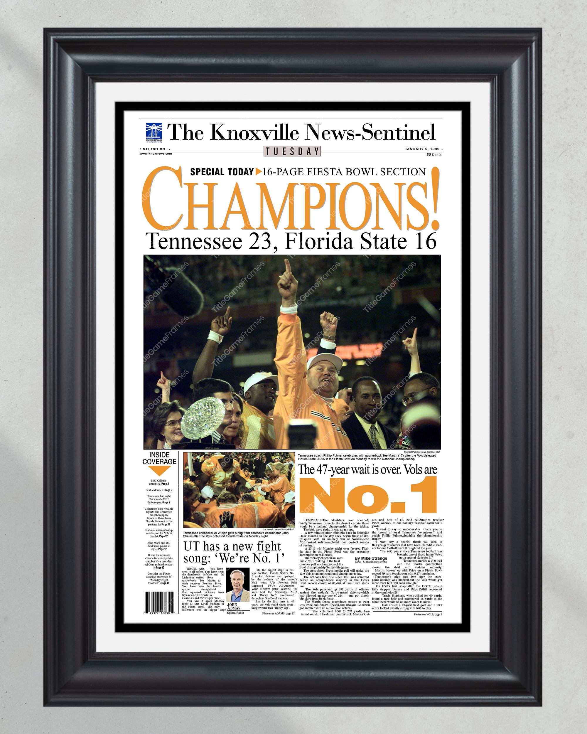 1999 Tennessee Volunteers NCAA College Football National Champions Framed Front Page Newspaper Print PT60606