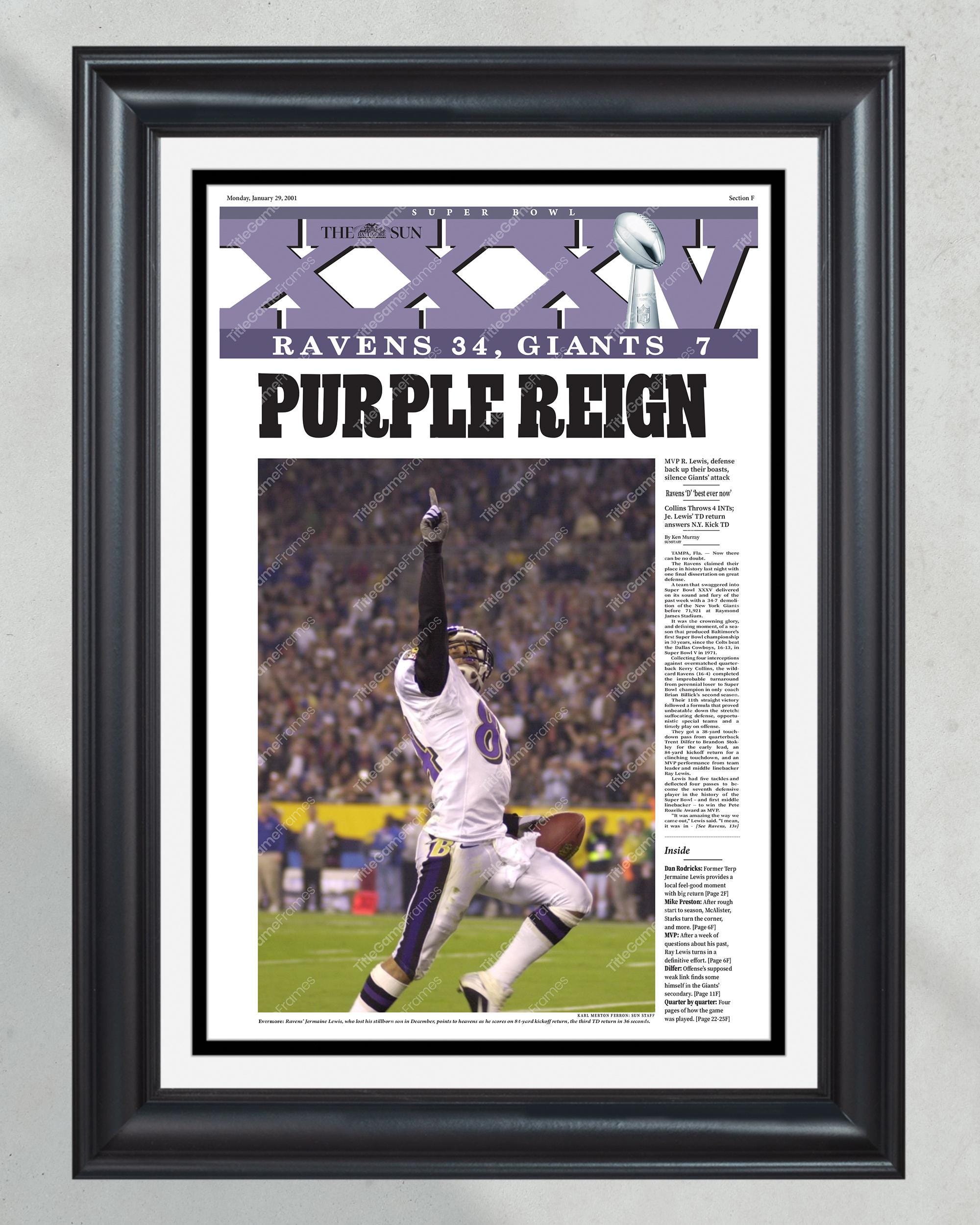 2001 Baltimore Ravens 'Purple Reign' Super Bowl XXXV Champions Framed Newspaper Print PT60615