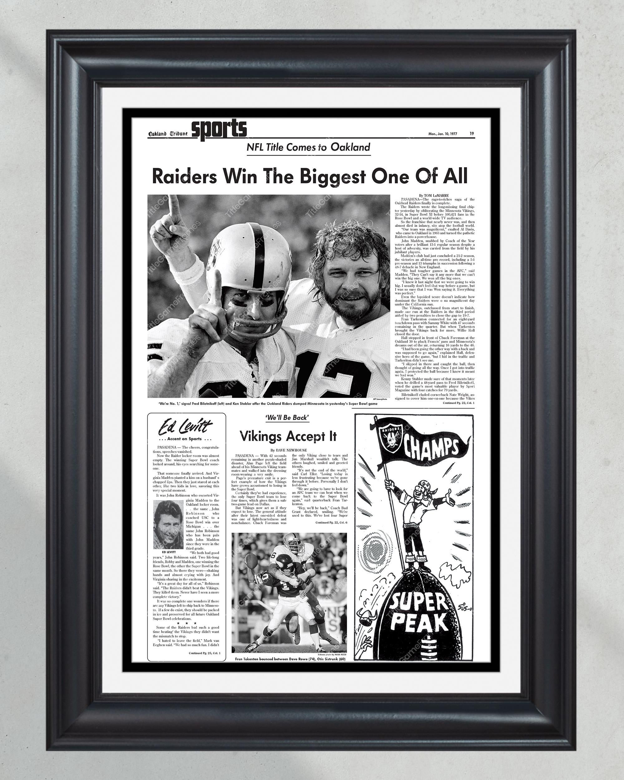 1977 Oakland Raiders Super Bowl XI Champions Framed Front Page Newspaper Print PT60610