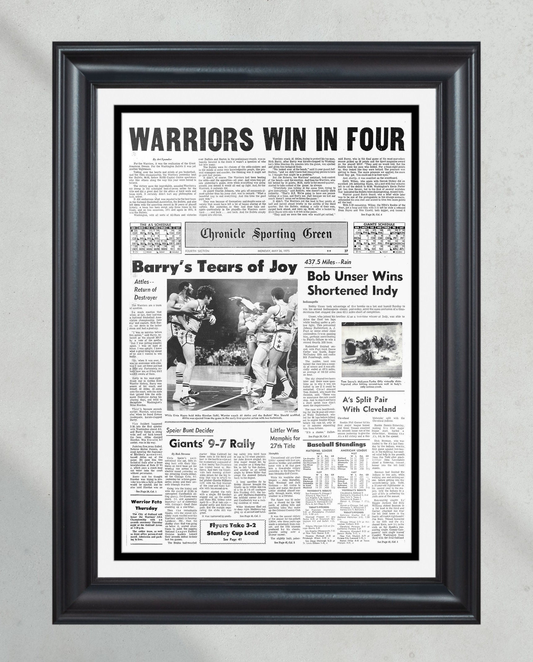 1975 Golden State Warriors "Win in Four" NBA Champion Framed Front Page Newspaper PT60762