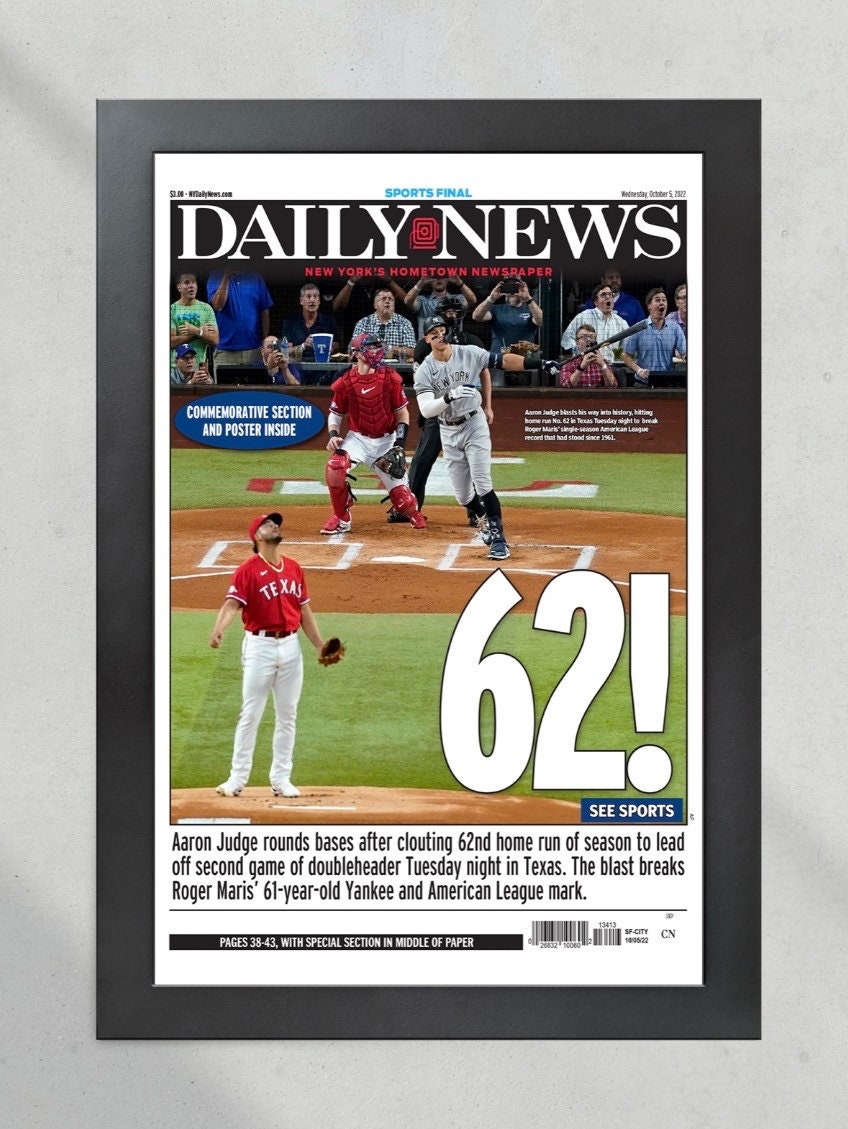 Aaron Judge 62 Record Home Run Framed Front Page Newspaper 