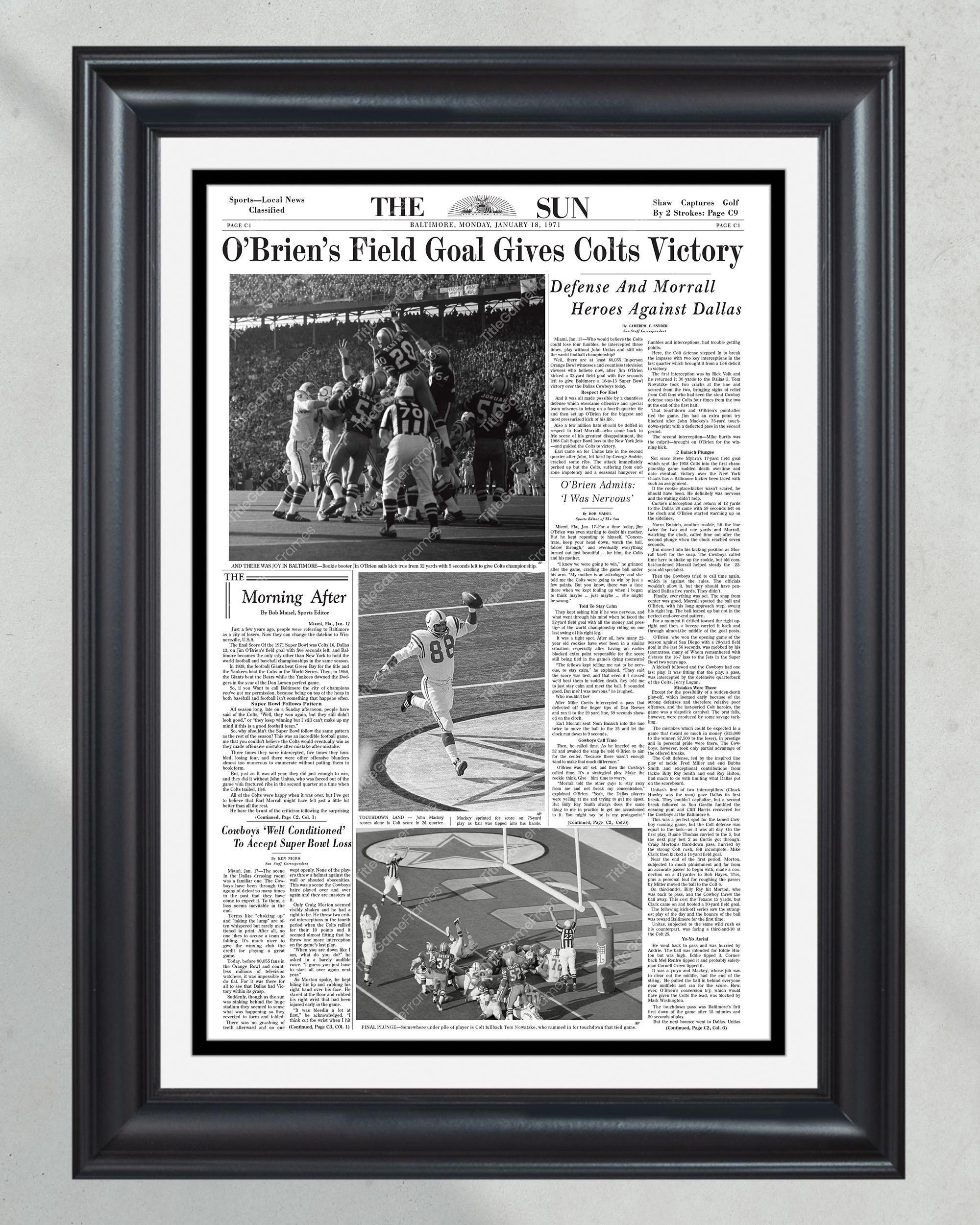 1971 Baltimore Colts 'Blunder Bowl' Super Bowl V Champions - Framed Newspaper PT60881