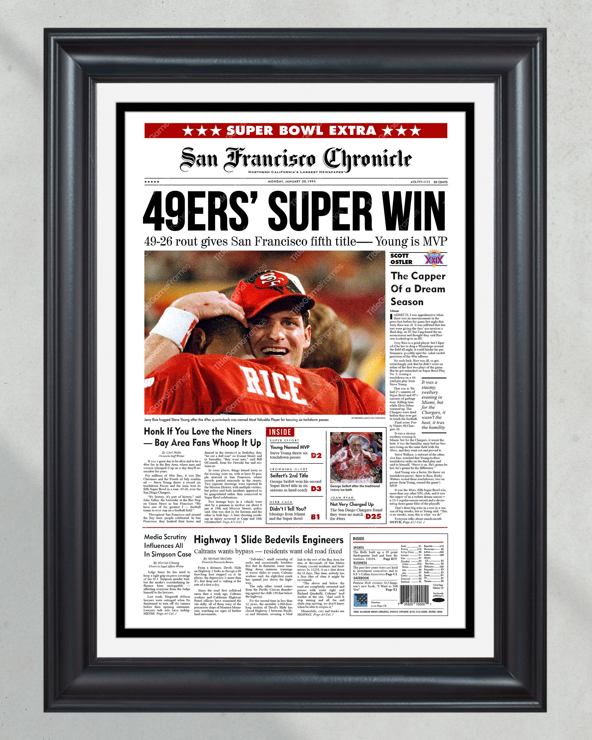 1995 San Francisco 49ers Super Bowl Champions Framed Front Page Newspaper Print PT60539