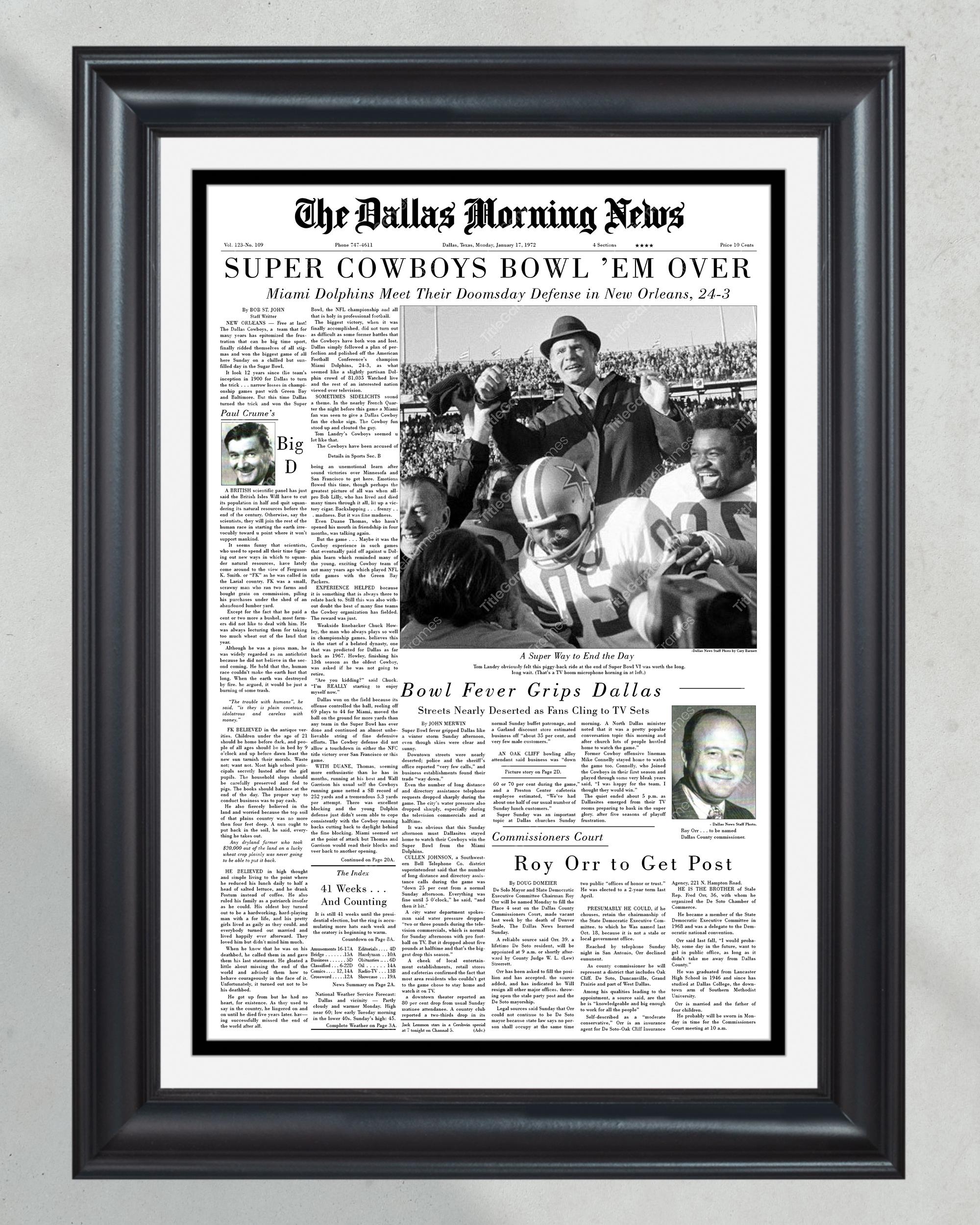 1972 Dallas Cowboys Super Bowl VI Champions Framed Front Page Newspaper Print PT60666
