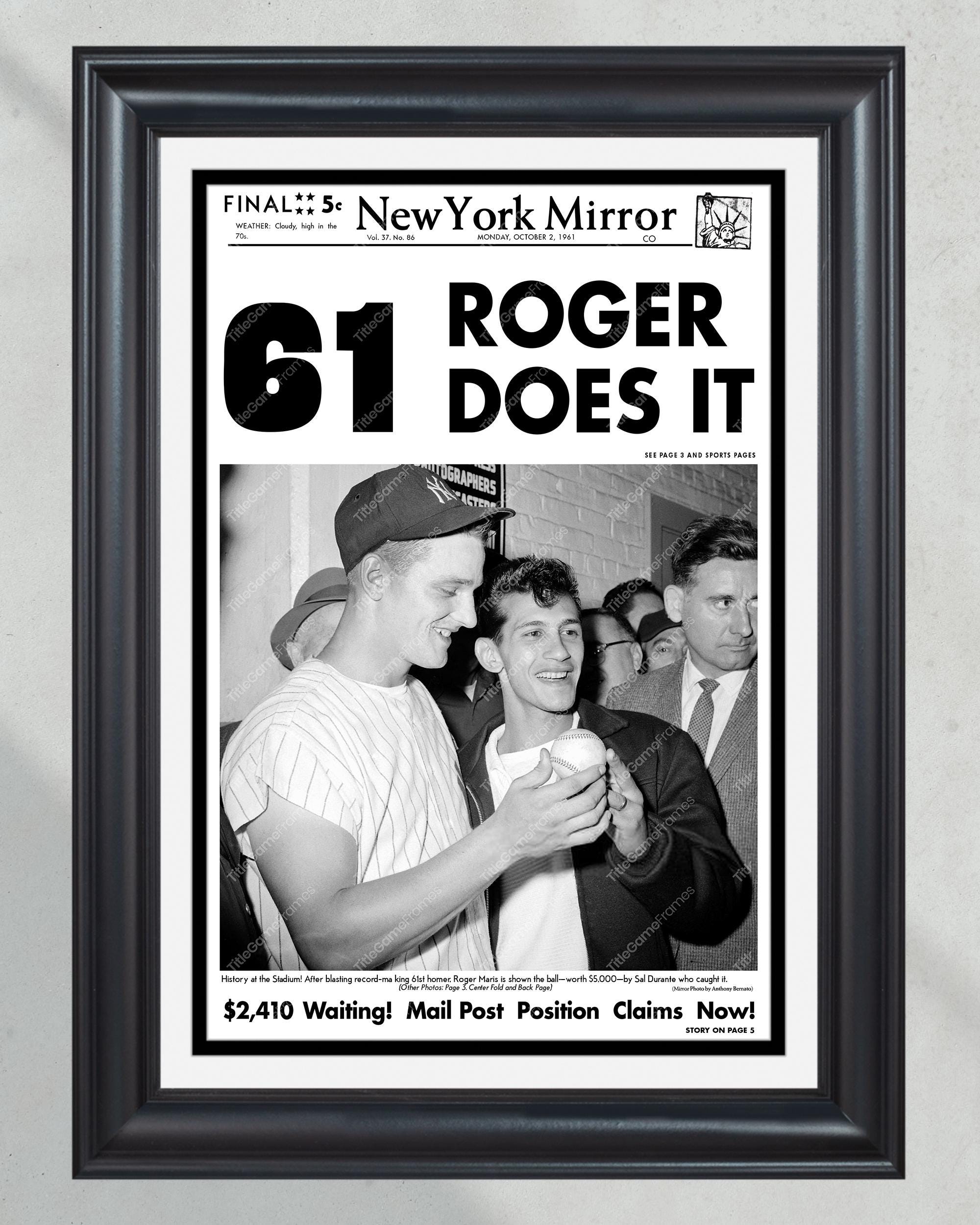 1961 Roger Maris Home Run Record #61 Framed Front Page Newspaper Print PT60633