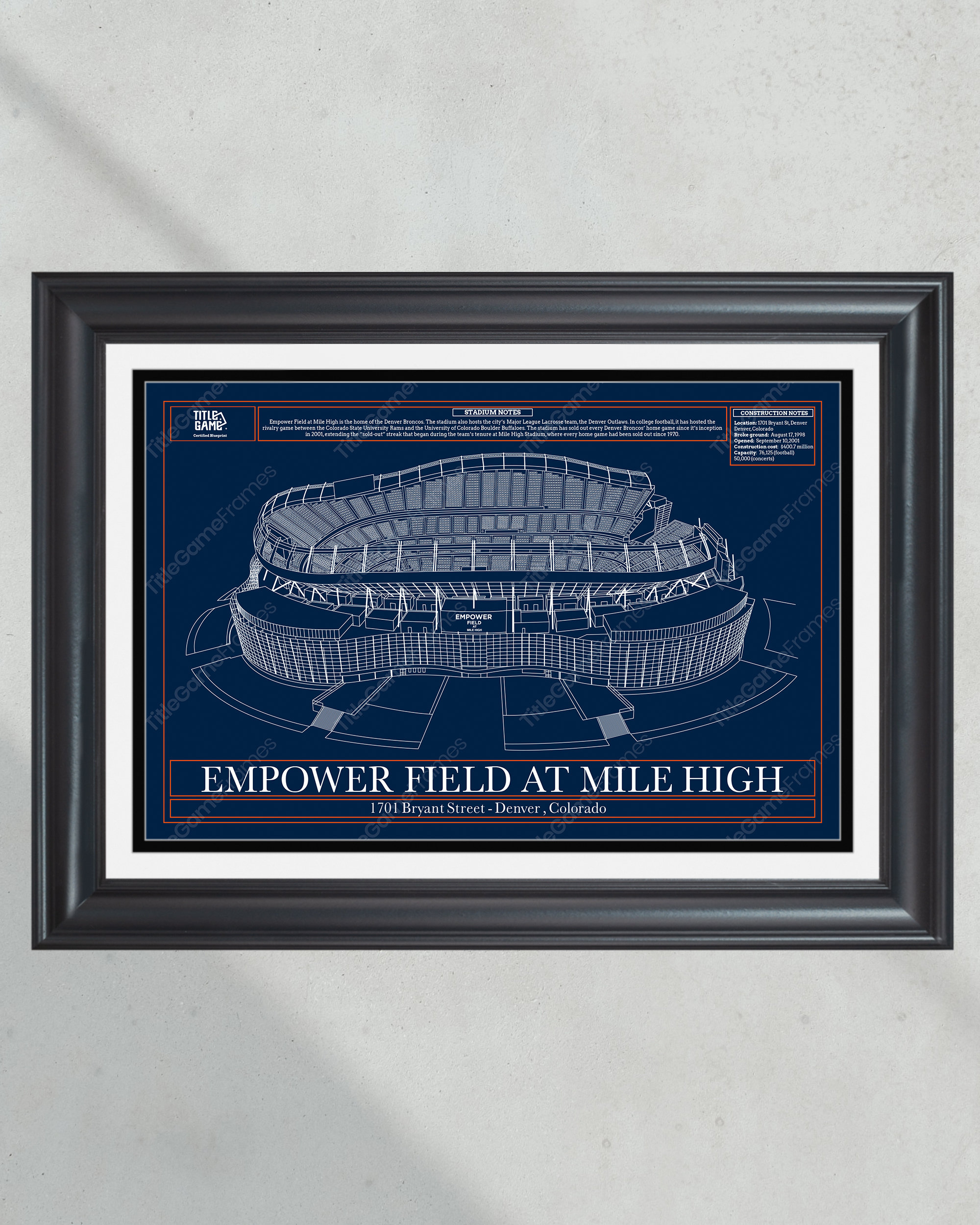 Denver Broncos Empower Field at Mile High Stadium Blueprint Football Print PT60312