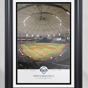 May include: Framed print of Tropicana Field, home of the Tampa Bay Rays, showing the baseball field, stadium seating, and dome roof. The Rays logo is visible, along with the text "Tropicana Field, St. Petersburg, Florida."