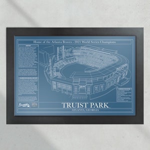 Truist Park Blueprint in Standard Wood Frame (19"x13") with Glare-Resistant Plexiglass and Classic Blueprint Blue Background.