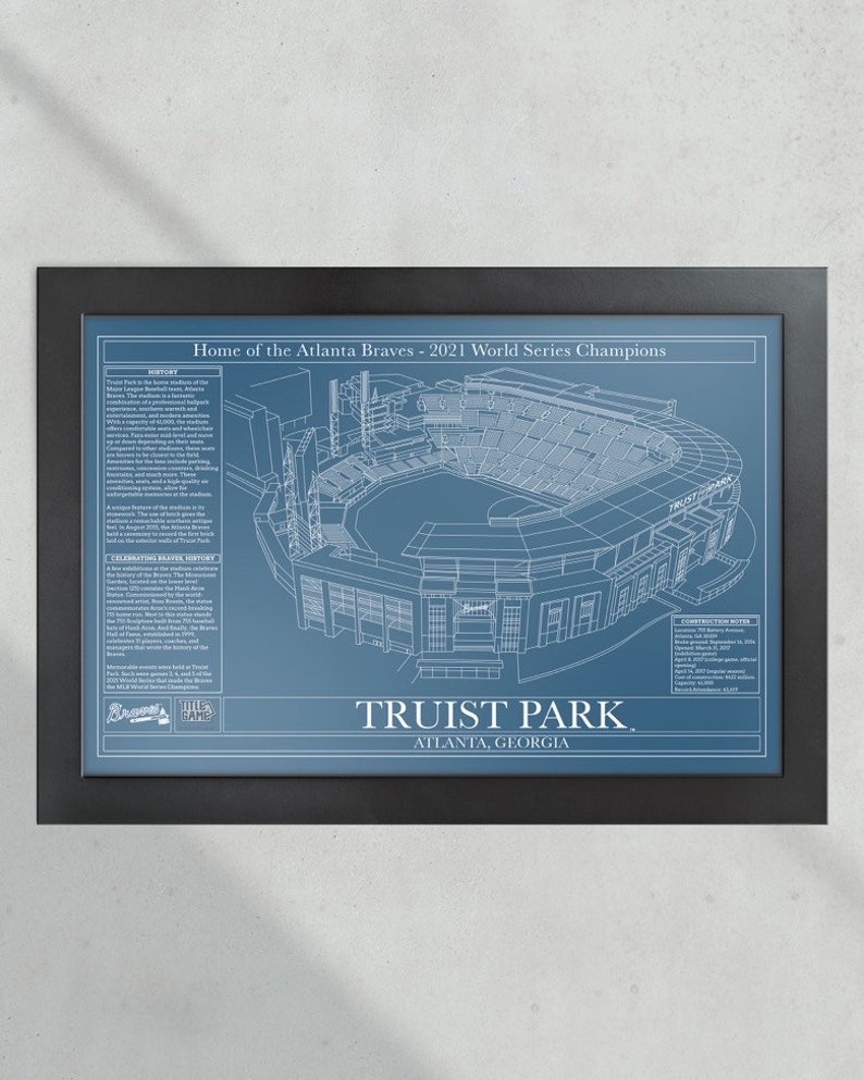 Truist Park Blueprint in Standard Wood Frame (19"x13") with Glare-Resistant Plexiglass and Classic Blueprint Blue Background.
