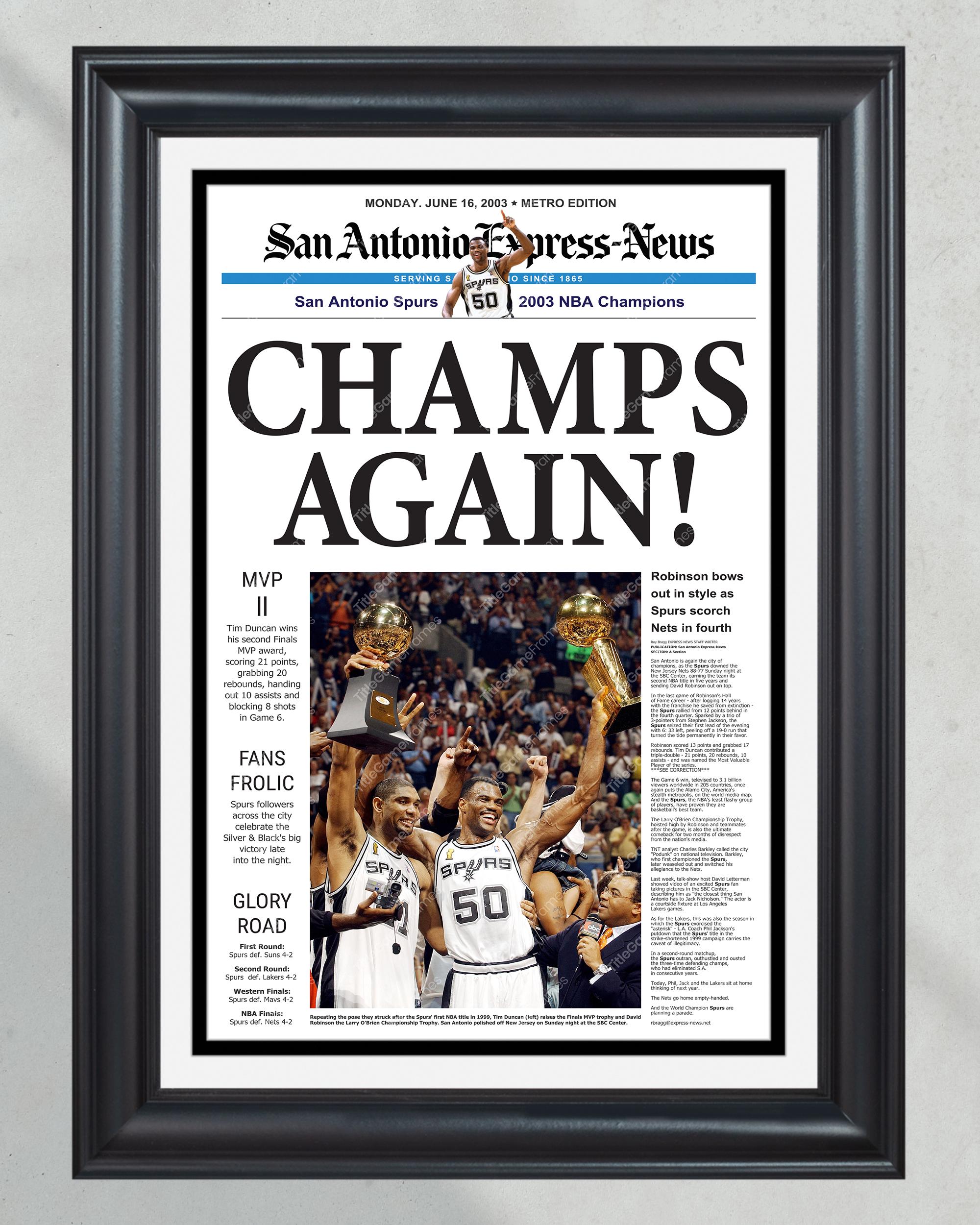 2003 San Antonio Spurs Framed Newspaper Cover Print David Robinson and Tim Duncan PT60825