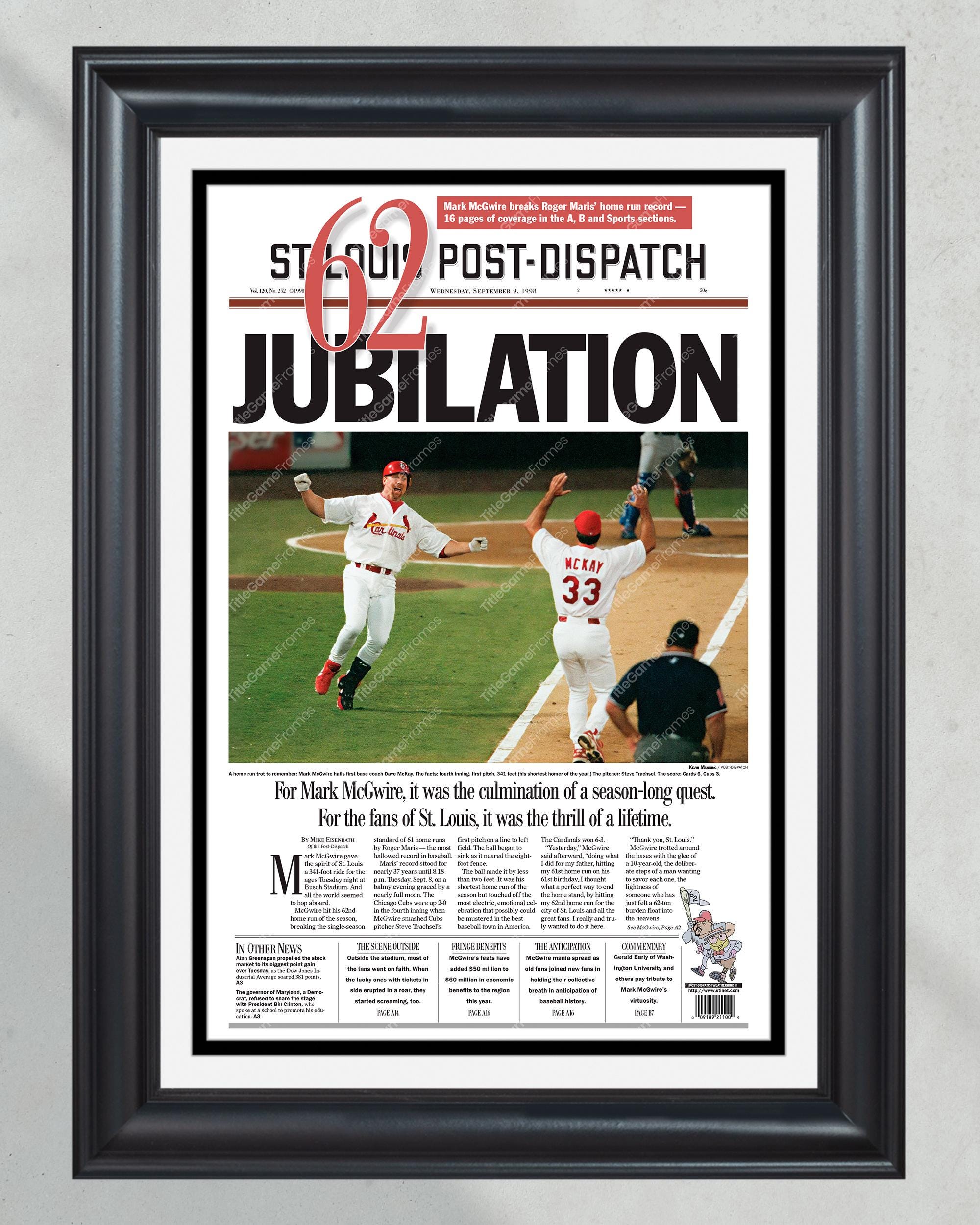 Mark McGwire Home Run Record '62 Jubilation' Framed Front Page Newspaper PT60725