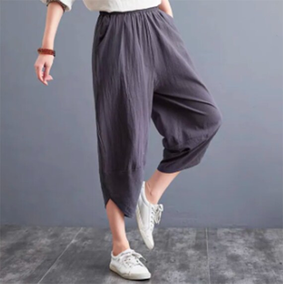 Gray Pointed Wide Leg Loose Casual Cotton Women Comfy Lightweight Pants  With Elastic Waistband Idea Gift Present for Woman Women Womens 