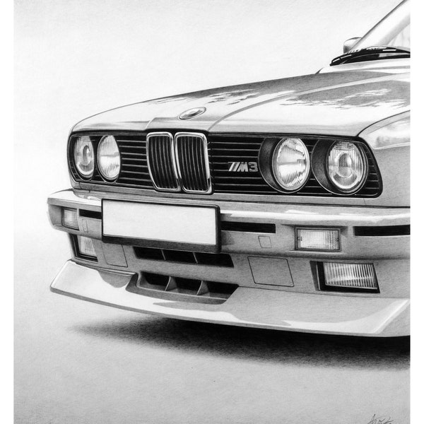 Realistic Drawing of BMW E30 M3, Original Graphite Pencil Artwork, Framed Automotive Retro, Car Wall Art, Old Bimmer, Handmade Auto