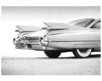 Realistic Drawing of Cadillac Coupe DeVille, Original Graphite Pencil Artwork, Framed Automotive, Retro Auto, Vintage Car Wall Art