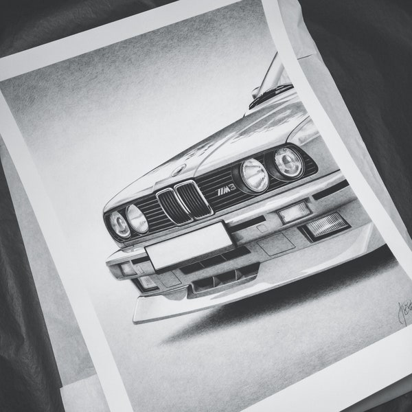 Number 1/100 print of BMW E30 M3 Pencil Drawing, 46x34cm, Signed Framed Automotive Artwork, Car Wall Art