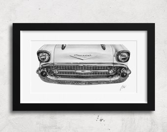 1957 Bel Air Pencil Drawing Limited Edition Fine Art Prints, Signed Framed Automotive Artwork, Car Wall Decor
