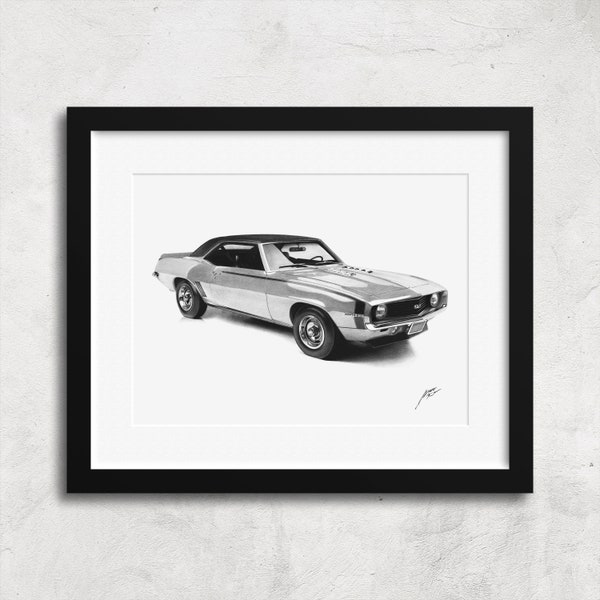 1969 Camaro SS Pencil Drawing Limited Edition Fine Art Prints, Signed Framed Automotive Artwork, Car Wall Decor