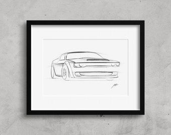 Dodge Demon Signed Fine Art Sketch Print, Framed Automotive Wall Decor, Black and White Canvas Artwork