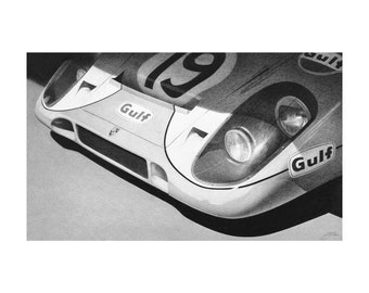 Realistic Drawing of Porsche 917 Gulf, Original Graphite Pencil Artwork, Framed Automotive, Sports Car Wall Art, Motorsport Racing