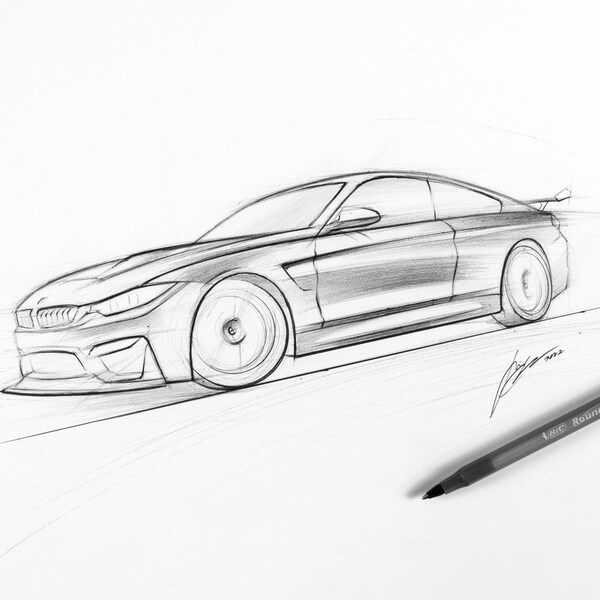 BMW M4 Sketch, Original Drawing, Framed Automotive Art, Handmade Signed Artwork, Sports Car, Bimmer MPower MPerformance,