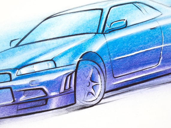 Nissan Skyline R34 Gt R Sketch Pen And Pastel Original Etsy