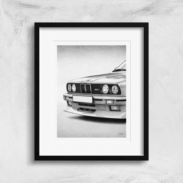 BMW E30 M3 Pencil Drawing Limited Edition Fine Art Prints, Signed Framed Automotive Artwork, Car Wall Decor