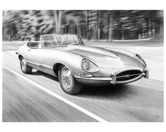 Realistic Drawing of Jaguar E-Type, Original Graphite Pencil Artwork, Framed Automotive, Retro Auto, Vintage Car Wall Art, Iconic Classic,