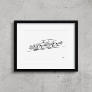 BMW E24 Signed Fine Art Sketch Print, Framed Automotive Wall Decor, Black and White Canvas Artwork