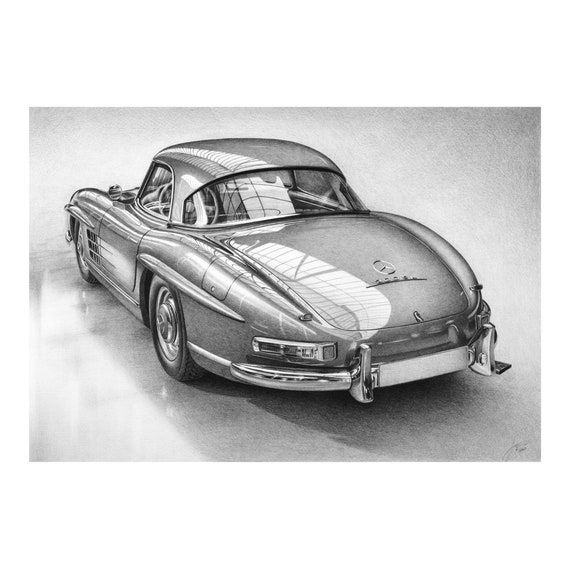 Realistic Drawing of Mercedes-Benz 300 SL, Original Graphite 