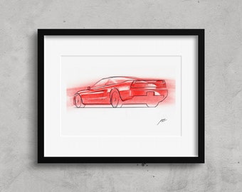 NSX Signed Fine Art Sketch Print, Framed Automotive Wall Decor, Red JDM, Canvas Artwork