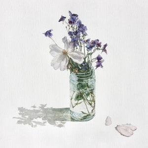 A Wild Rose and Bunny Rabbit Flower Shadows, Original Oil Painting, Contemporary Botanical Illustration Purple Wall Art, Modern Still Life