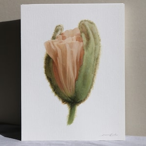 Dipinto ad olio con germoglio di papavero islandese su carta tela, pittura realismo floreale botanico contemporaneo, decorazioni per la casa con arte floreale verde primaverile