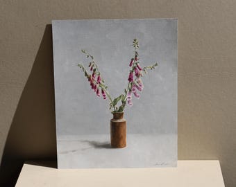 Foxgloves Oil Painting, Contemporary Botanical Flowers Stoneware Vase Still Life Painting, Floral Spring Summer Pink Wildflowers Wall Art