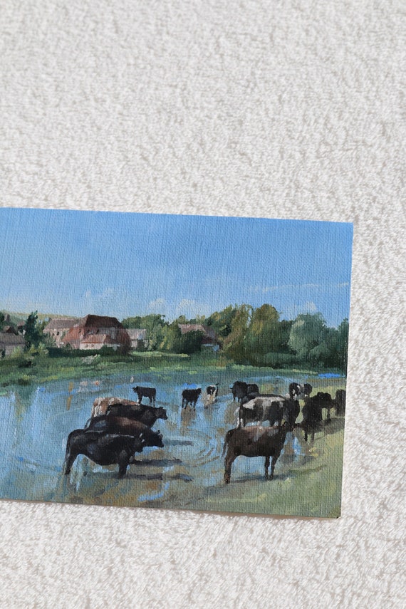 油彩画 牧場の風景 牛たち