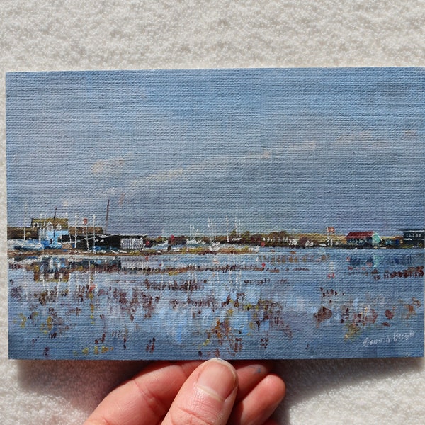 High Tide Salt Marshes, Original Small Landscape Oil Painting, Rye Harbour Sussex Boats Sky Sea Painting, Miniature 4x6 Coastal Wall Art