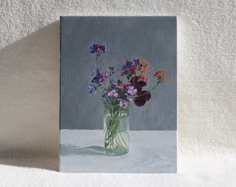 Wicken, Mauerblümchen & Nemesia, Original Ölgemälde auf Leinwand, zeitgenössisches Blumen Stillleben, impressionistische lila Blumenwandkunst