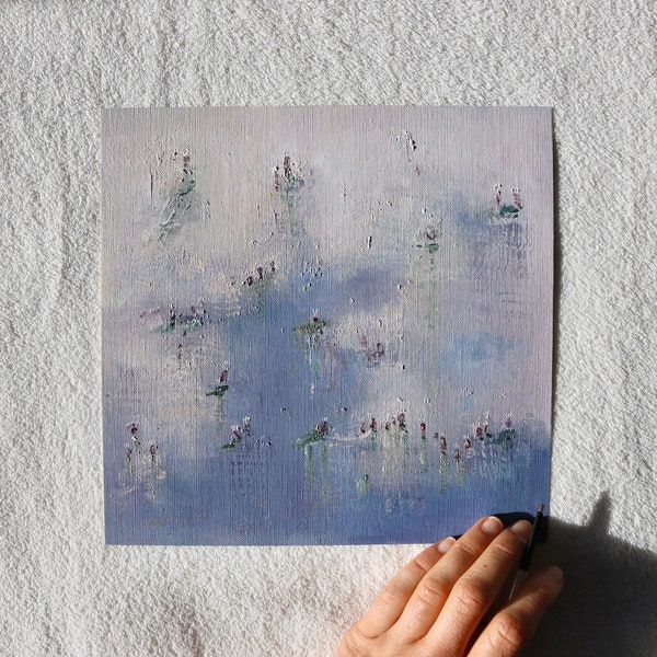 Peinture à l’huile abstraite de waterlilies, paysage floral texturé original, petit bleu lilas rose chambre à coucher art mur, art impressionniste botanique