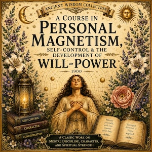May include: A book cover titled A Course in Personal Magnetism, Self-Control & the Development of Will-Power 1900. It features a person with hands on their chest, a lantern on stacked books, an open book with text, and floral borders.
