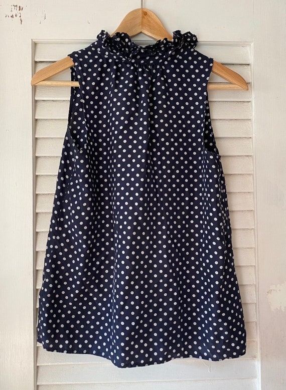 Sleeveless dark blue/white polka dot silk blouse … - image 2