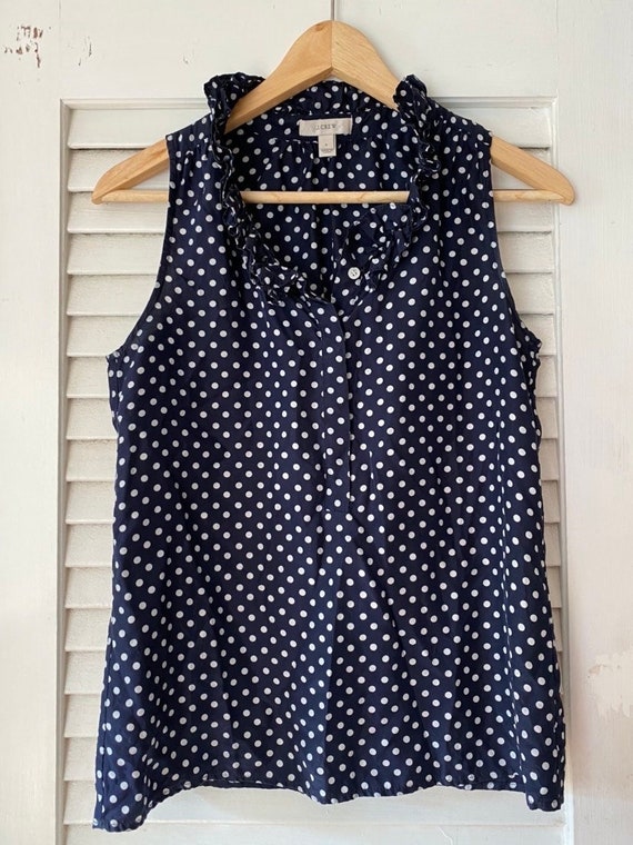 Sleeveless dark blue/white polka dot silk blouse … - image 1