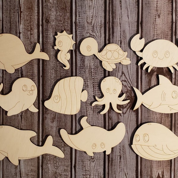 Sea Animals-Ocean-Nursery-Multiple Size-Unfinished Laser Wood Cutout