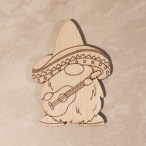Gnomo mexicano-Guitarra-Sombrero-Tamaño múltiple-Recorte de madera láser sin terminar